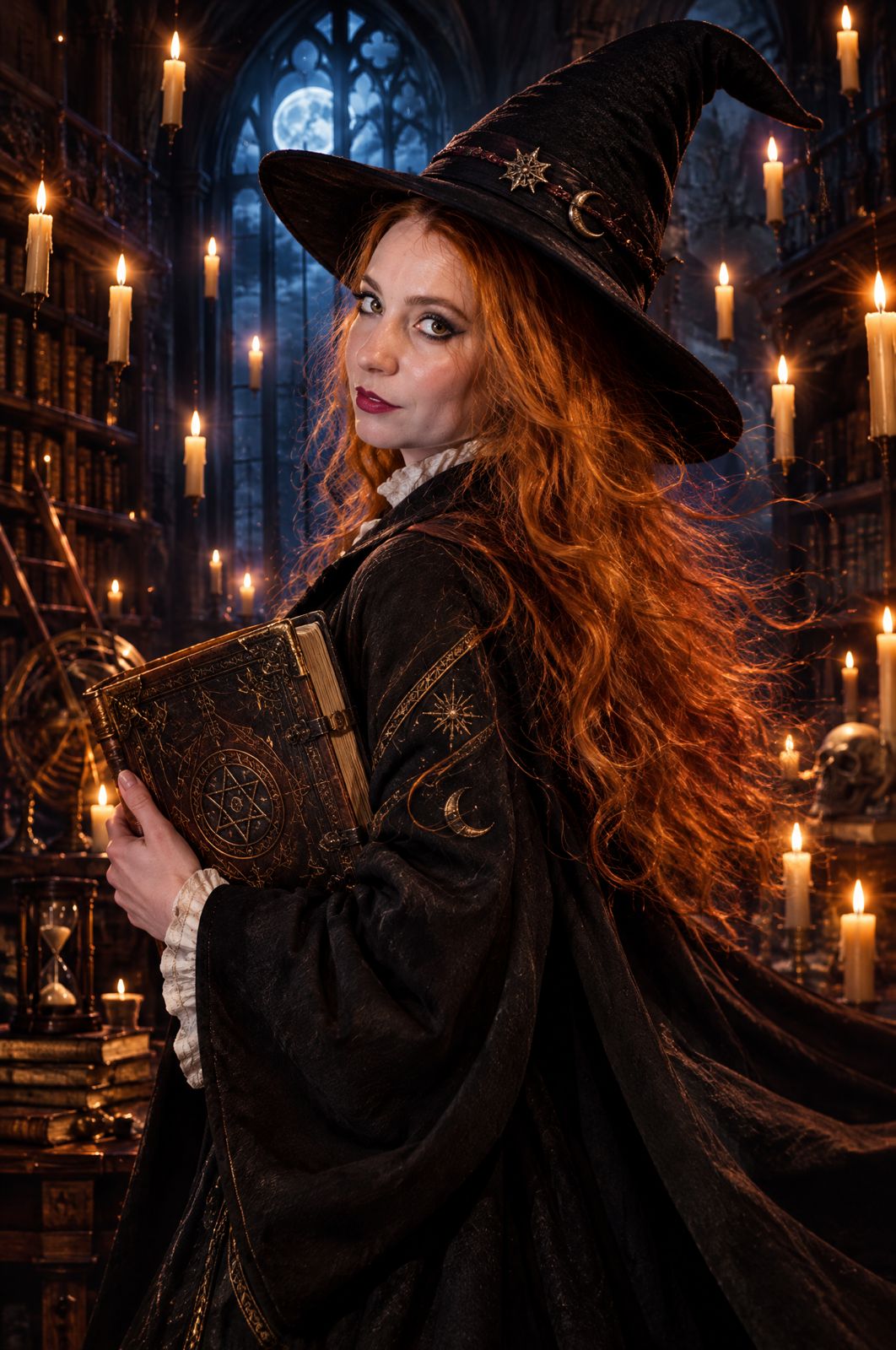 A bruxa — biblioteca gótica iluminada por velas