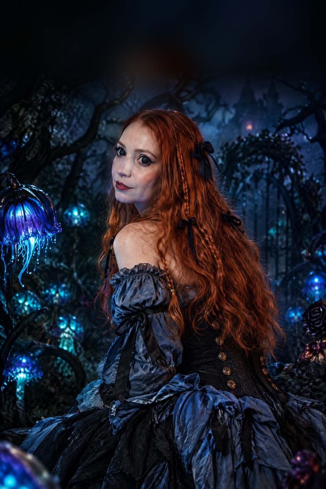 A dama — floresta gótica com castelo e águas-vivas